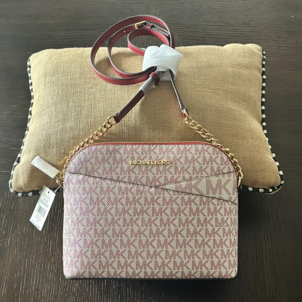 NWT Michael Kors Jet Set Travel Crossbody Cherry Multi MK Logo Gold Chain